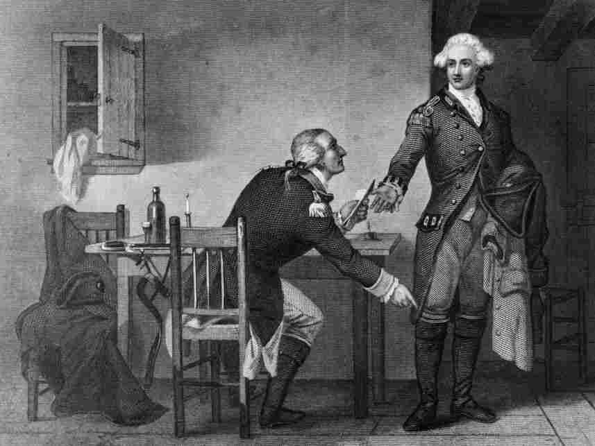 American turncoat Benedict Arnold persuades Maj. John Andre to conceal papers in his boot and send them to the British to enable them to capture West Point in this print by C.F. Blauvelt and W. Wellstood circa 1785. American turncoat Benedict Arnold persuades Maj. John Andre to conceal papers in his boot and send them to the British to enable them to capture West Point in this print by C.F. Blauvelt and W. Wellstood circa 1785.