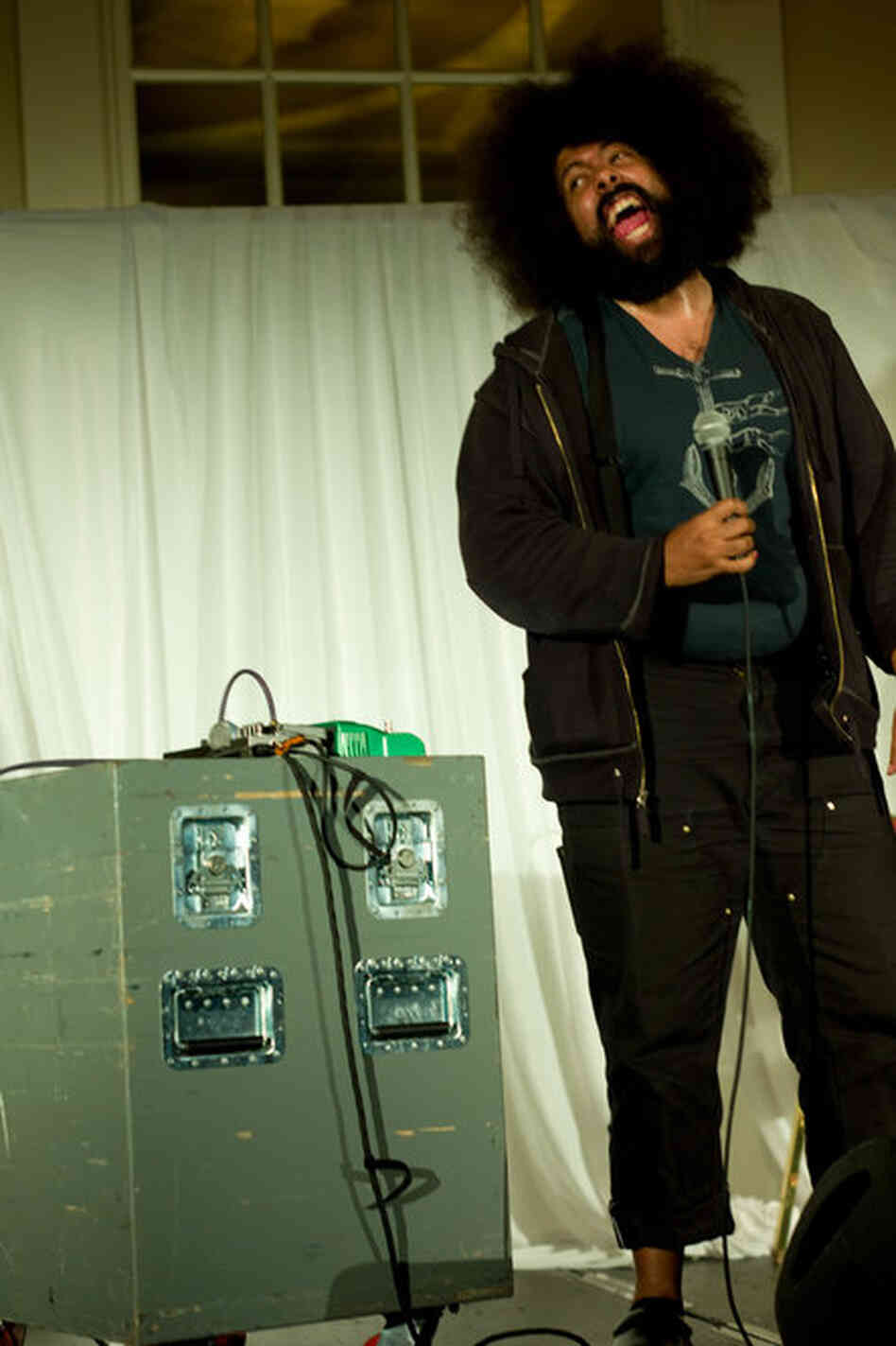 Reggie Watts improvised wordless musical impressions of soul and French music between stream-of-consciousness ramblings at the Berkeley Hotel on Friday night. 