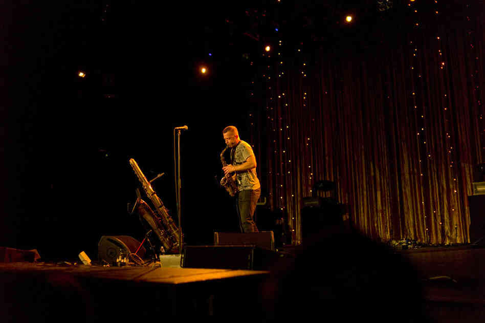 Saxophonist Colin Stetson took full advantage of the Paramount Theatre's gorgeous sound system on Saturday afternoon, especially when he picked up that honker of a bass sax. 