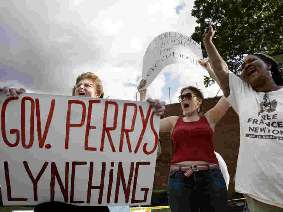 In 2005, death penalty opponents protest the impending execution of condemned inmate Frances Newton in Huntsville, Texas. Newton was convicted of killing her husband and two children in their Houston apartment. She was put to death by lethal injection on Sept. 14, 2005. In 2005, death penalty opponents protest the impending execution of condemned inmate Frances Newton in Huntsville, Texas. Newton was convicted of killing her husband and two children in their Houston apartment. She was put to death by lethal injection on Sept. 14, 2005.