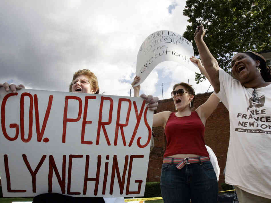 In 2005, death penalty opponents protest the impending execution of condemned inmate Frances Newton in Huntsville, Texas. Newton was convicted of killing her husband and two children in their Houston apartment. She was put to death by lethal injection on Sept. 14, 2005. In 2005, death penalty opponents protest the impending execution of condemned inmate Frances Newton in Huntsville, Texas. Newton was convicted of killing her husband and two children in their Houston apartment. She was put to death by lethal injection on Sept. 14, 2005.