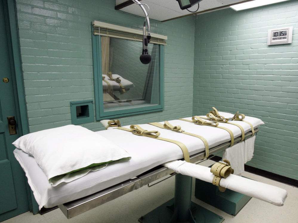 A microphone hangs over the gurney in the Texas death house in 2008 in Huntsville, Texas. 