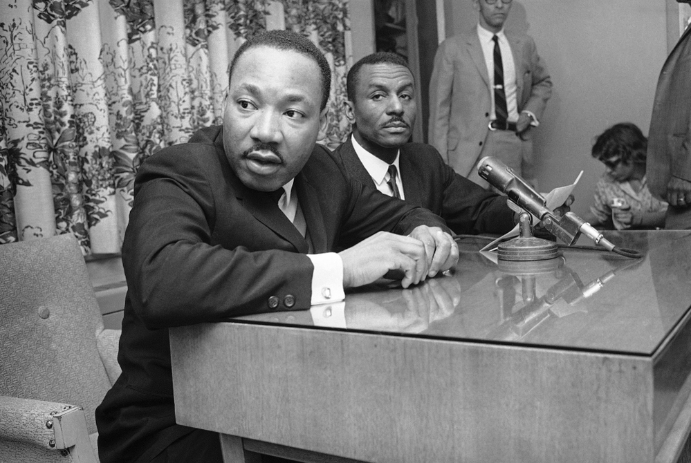 At a news conference in 1963, the Rev. Martin Luther King Jr. and Shuttlesworth tell the media that massive demonstrations will continue in Birmingham.