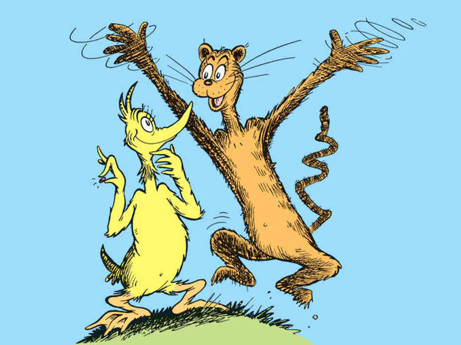 The young duck McKluck and his friend the cat discuss what to do with their magical wish-granting Bippolo Seed in Dr. Seuss's story, The Bippolo Seed.