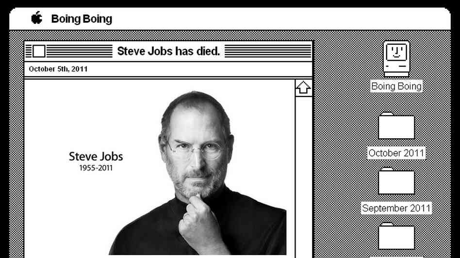 A screengrab shows the Boing Boing website, restyled to resemble one of an early Mac operating system in honor of late Apple co-founder Steve Jobs.