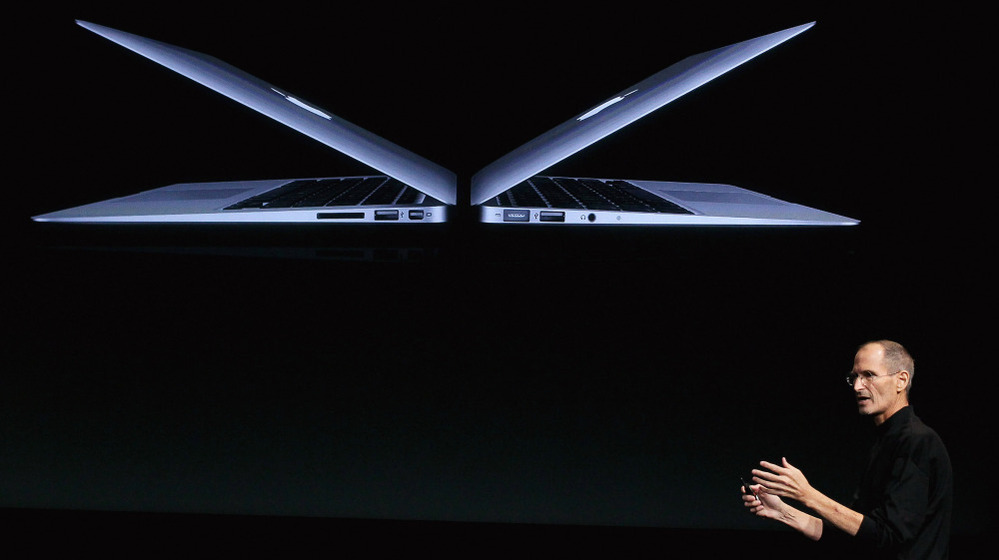 Steve Jobs introduces new MacBook Air models at Apple headquarters on October 20, 2010.