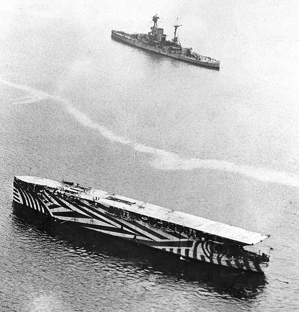 HMS Argus painted in dazzle camouflage in 1918.