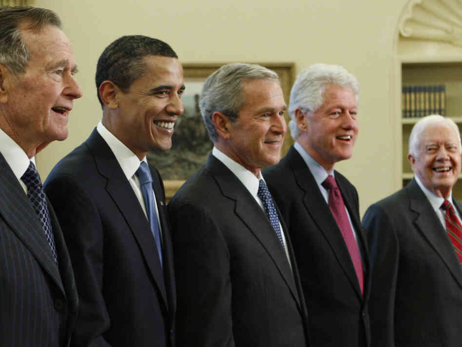 Obama is surrounded by former presidents in the Oval Office in 2009. Two of his predecessors — George W. Bush and Bill Clinton — won two terms, while two others — George H.W. Bush and Jimmy Carter — left office after just one. Obama is surrounded by former presidents in the Oval Office in 2009. Two of his predecessors — George W. Bush and Bill Clinton — won two terms, while two others — George H.W. Bush and Jimmy Carter — left office after just one.
