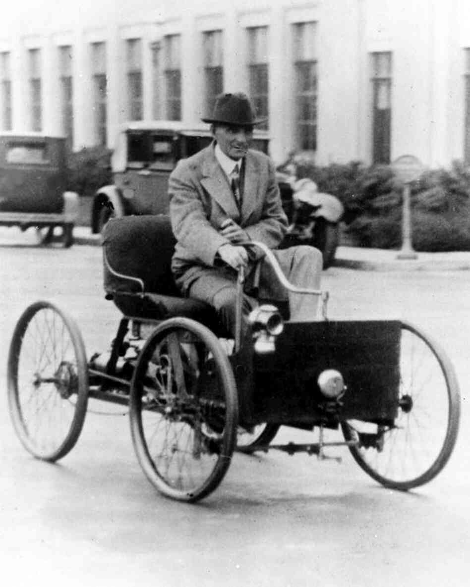 Henry Ford:  Brought automobiles to the masses through his Ford Motor Co. and pioneered the use of assembly-line manufacturing. In this 1927 photo, Ford drives his company's first vehicle, the Quadricycle. 