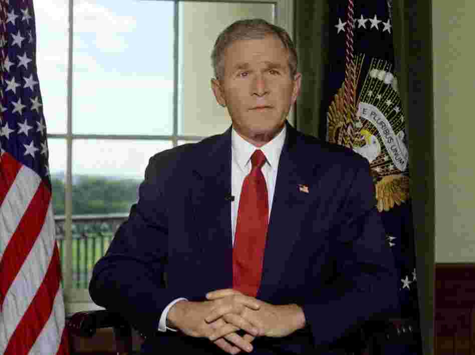 Oct. 7, 2001: President George W. Bush poses for a photo in the Treaty Room of the White House after announcing airstrikes on on Afghanistan.