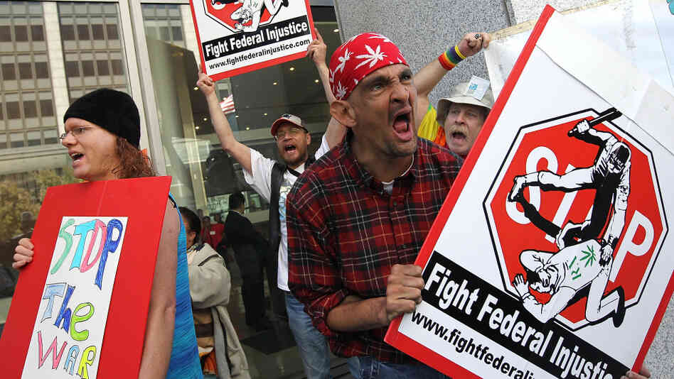 In July, protesters rally in San Francisco against a Drug Enforcement Agency memo they believed would lead to prosecution of individuals in compliance with California medical marijuana laws.