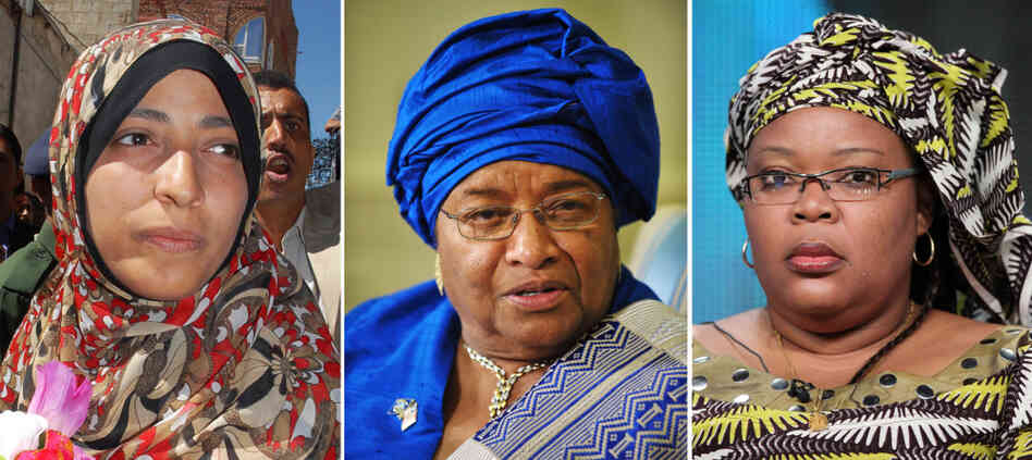 Left to right: Nobel Peace Prize laureates Tawakkul Karman of Yemen, President Ellen Johnson Sirleaf of Liberia and Liberian "peace warrior" Leymah Gbowee. Left to right: Nobel Peace Prize laureates Tawakkul Karman of Yemen, President Ellen Johnson Sirleaf of Liberia and Liberian "peace warrior" Leymah Gbowee.