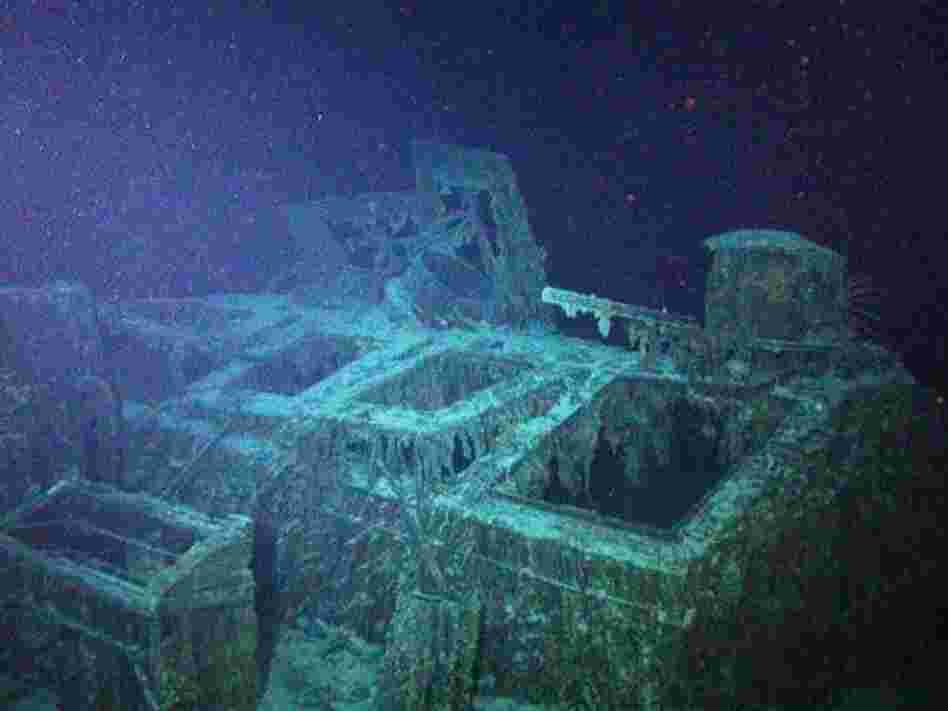 This image captured by a remote submersible shows a steel skylight on the SS Mantola's deck, above the ship's engine room. The wreck sits under 8,000 feet of water.