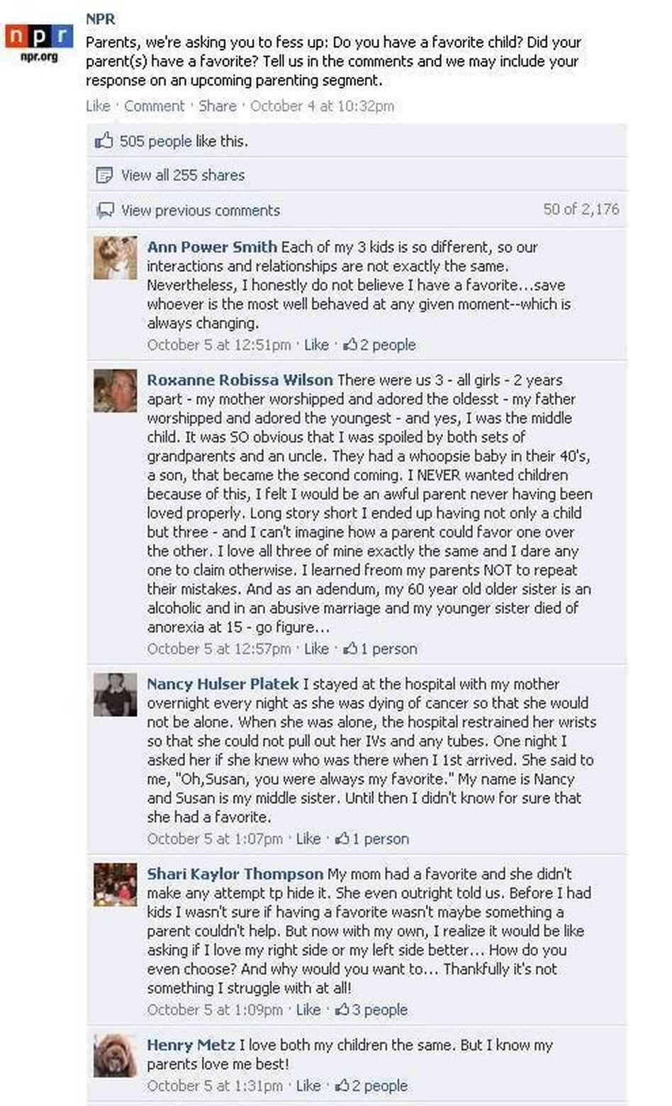 NPR listeners submit Facebook comments about parents playing favorites. NPR listeners submit Facebook comments about parents playing favorites.