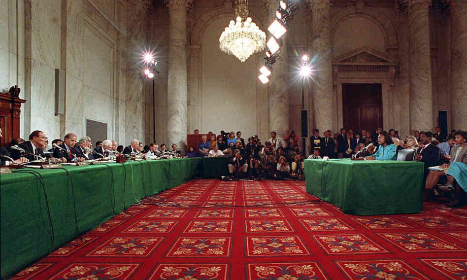 University of Oklahoma law professor Anita Hill testifies before the Senate Judiciary Committee on Oct. 11, 1991. Hill, who had worked for Thomas at the Department of Education and the Equal Employment Opportunity Commission, said Thomas had sexually harassed her when he was her supervisor.  