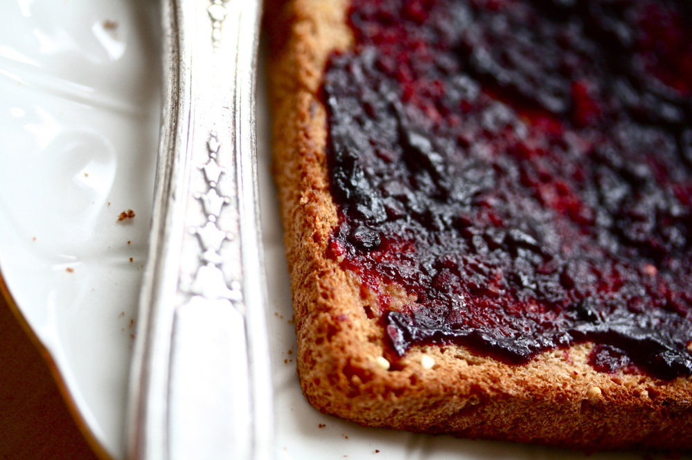 A slice of toast spread with blackberry jam