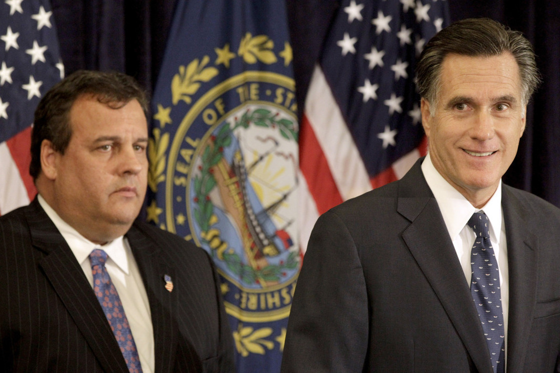 Mitt Romney with New Jersey Gov. Chris Christie in Lebanon, NH, Tuesday, Oct. 11, 2011.