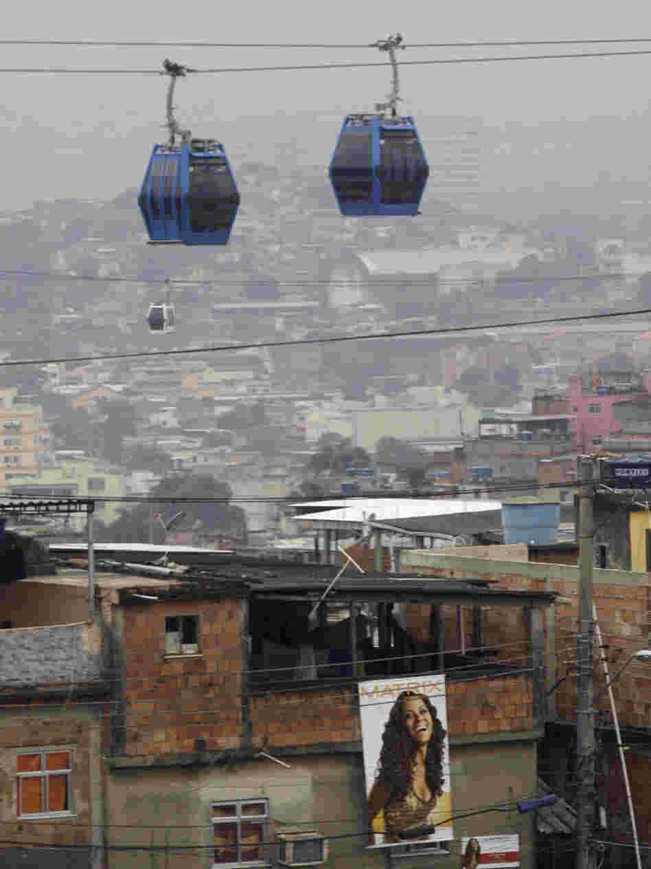 New services and infrastructure for Rio de Janeiro's favelas include cable cars, such as this one in the Complexo de Alemao slum. 
