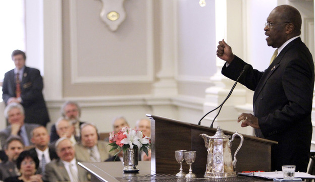 Herman Cain addresses lawmakers at the statehouse in Concord, N.H., Wednesday, Oct. 12, 2011. 