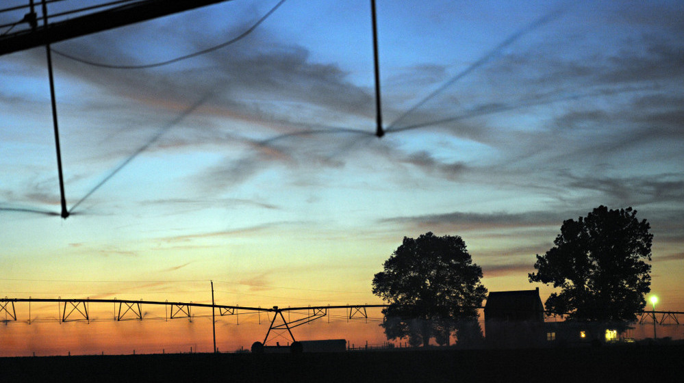 Early morning view of an automated irrigation system in on a farm in Sudlersville, MD Early morning view of an automated irrigation system in on a farm in Sudlersville, MD