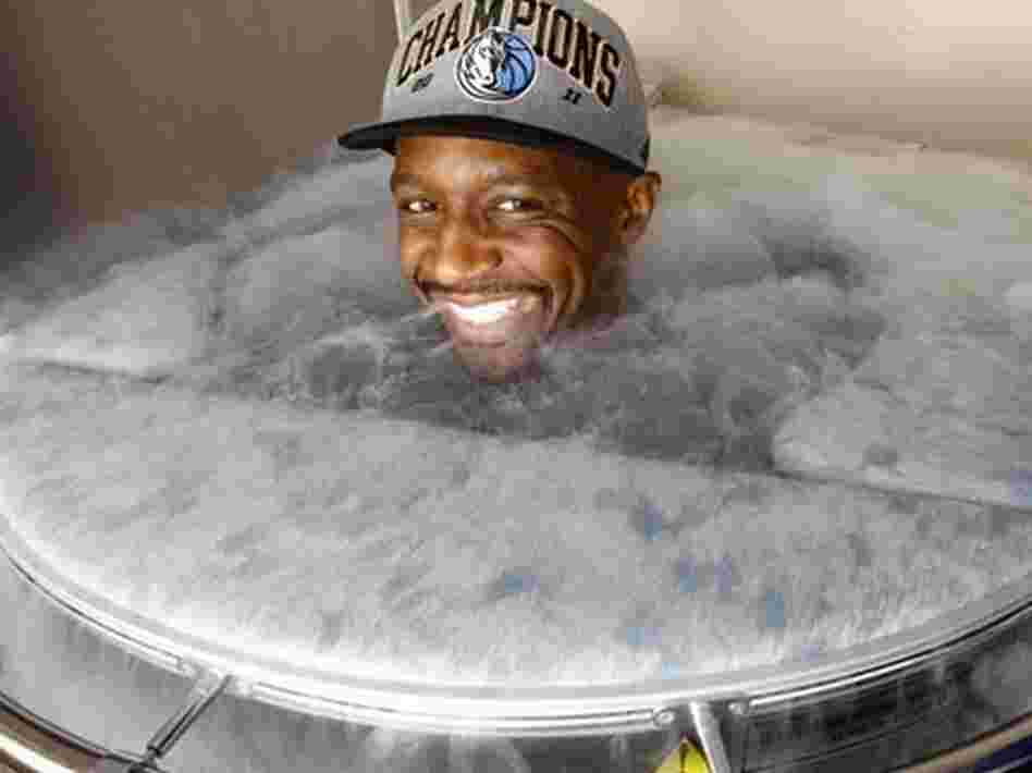 Dallas Mavericks shooting guard Jason Terry inside of a cryotherapy chamber at Millennium Ice in Dallas.