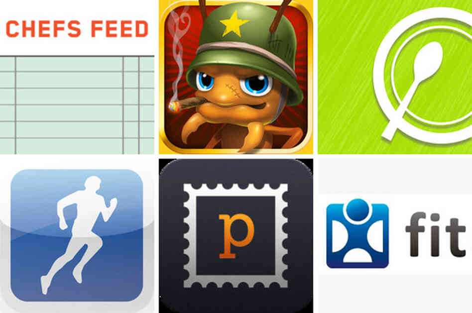 Six new apps — clockwise from top left, Chefs Feed, Anthill, Chewsy, Fitocracy, Postagram and RunKeeper — can help you exercise, find food, or just kill time. Six new apps — clockwise from top left, Chefs Feed, Anthill, Chewsy, Fitocracy, Postagram and RunKeeper — can help you exercise, find food, or just kill time.