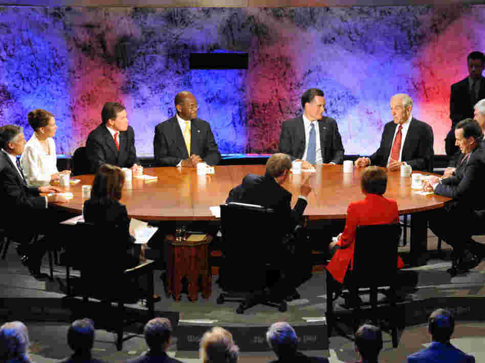 GOP presidential candidates at a debate on the economy, Dartmouth College in Hanover, NH, Oct. 11, 2011. 