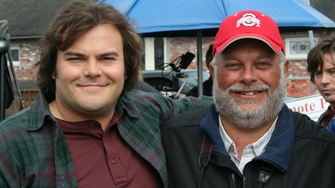 Jack Black and real-life birdwatcher Greg Miller pose on the set of The Big Year in British Columbia.