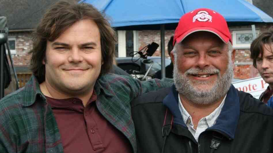 Jack Black and real-life birdwatcher Greg Miller pose on the set of The Big Year in British Columbia.