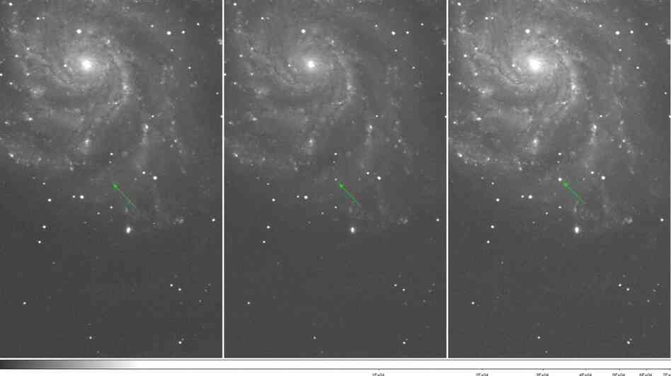 These images show Type Ia supernova 2011fe over the course of three nights in August. It's located in Messier 101, the Pinwheel Galaxy. These images show Type Ia supernova 2011fe over the course of three nights in August. It's located in Messier 101, the Pinwheel Galaxy.