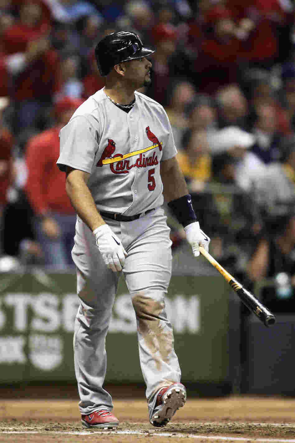 Albert Pujols of the St. Louis Cardinals watches his solo home run in the top of the third inning against the Milwaukee Brewers during Game 6 of the National League Championship Series. Albert Pujols of the St. Louis Cardinals watches his solo home run in the top of the third inning against the Milwaukee Brewers during Game 6 of the National League Championship Series.