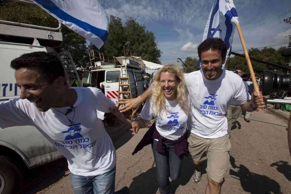 Supporters of Shalit celebrate in Mitzpe Hila. The Israeli tank crewman was captured in 2006 during a cross-border raid by Palestinian militants. 
