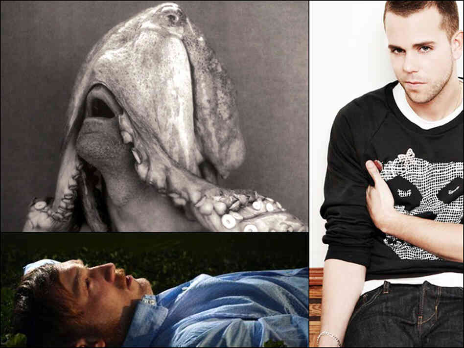 Album cover art for Four Tet's Fabriclive (upper left), M83 (right), The Field (bottom left).