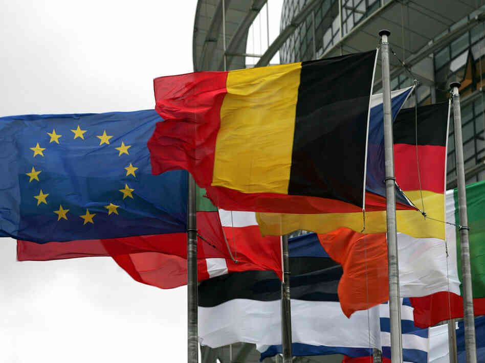 Flags of the European Union countries fly at the entrance of the European Parliament. Flags of the European Union countries fly at the entrance of the European Parliament.
