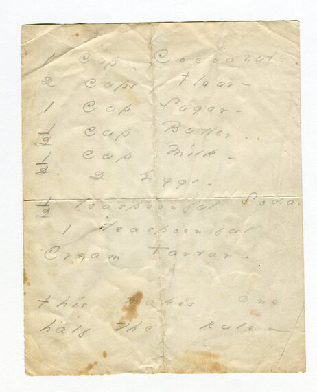 The Poets House in New York City is exhibiting this manuscript of an Emily Dickinson cake recipe that calls for coconut. The Poets House in New York City is exhibiting this manuscript of an Emily Dickinson cake recipe that calls for coconut.