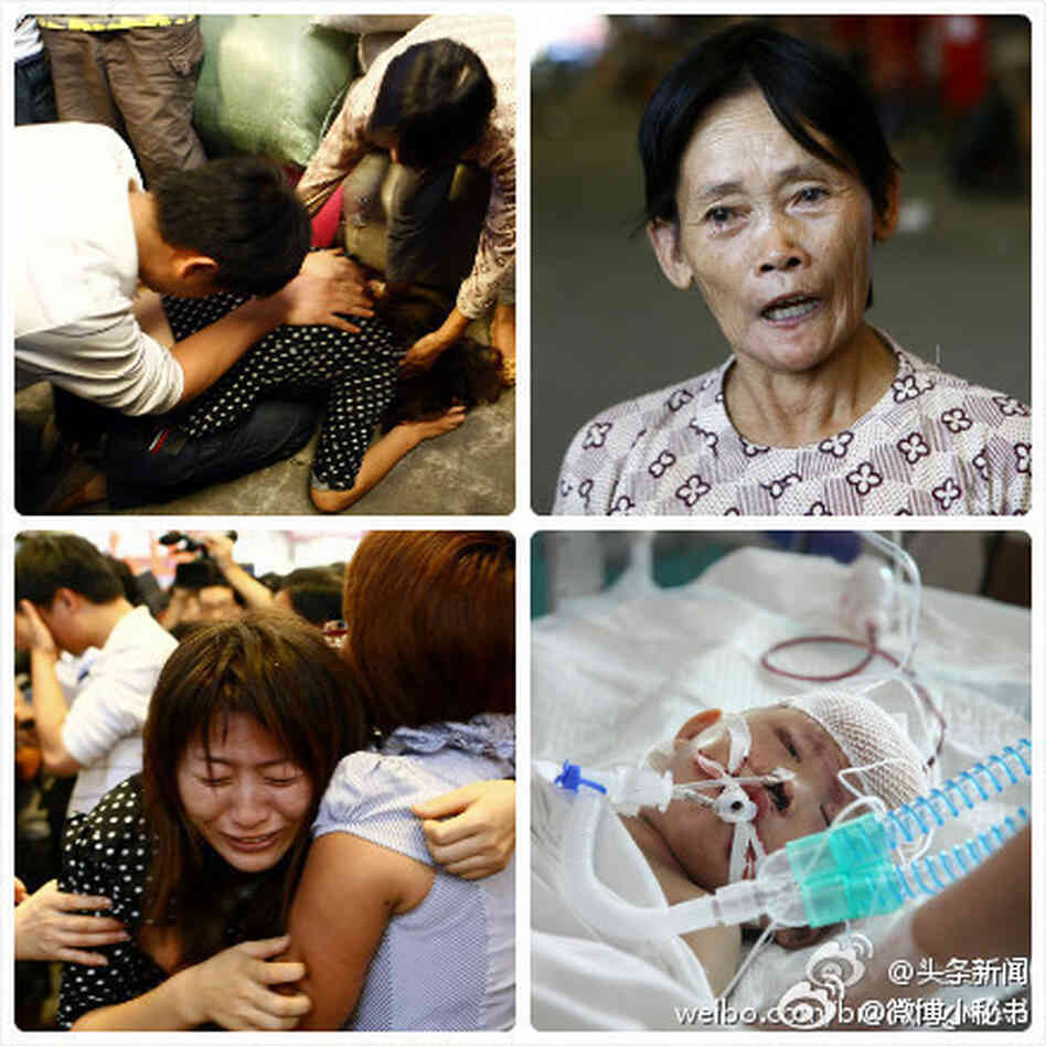 An image from the Twitter-like Chinese site Weibo.com shows a composite image of the toddler's mother, Qu Feifei (left); her rescuer, Chen Xianmei (top right) and Wang Yue. An image from the Twitter-like Chinese site Weibo.com shows a composite image of the toddler's mother, Qu Feifei (left); her rescuer, Chen Xianmei (top right) and Wang Yue.