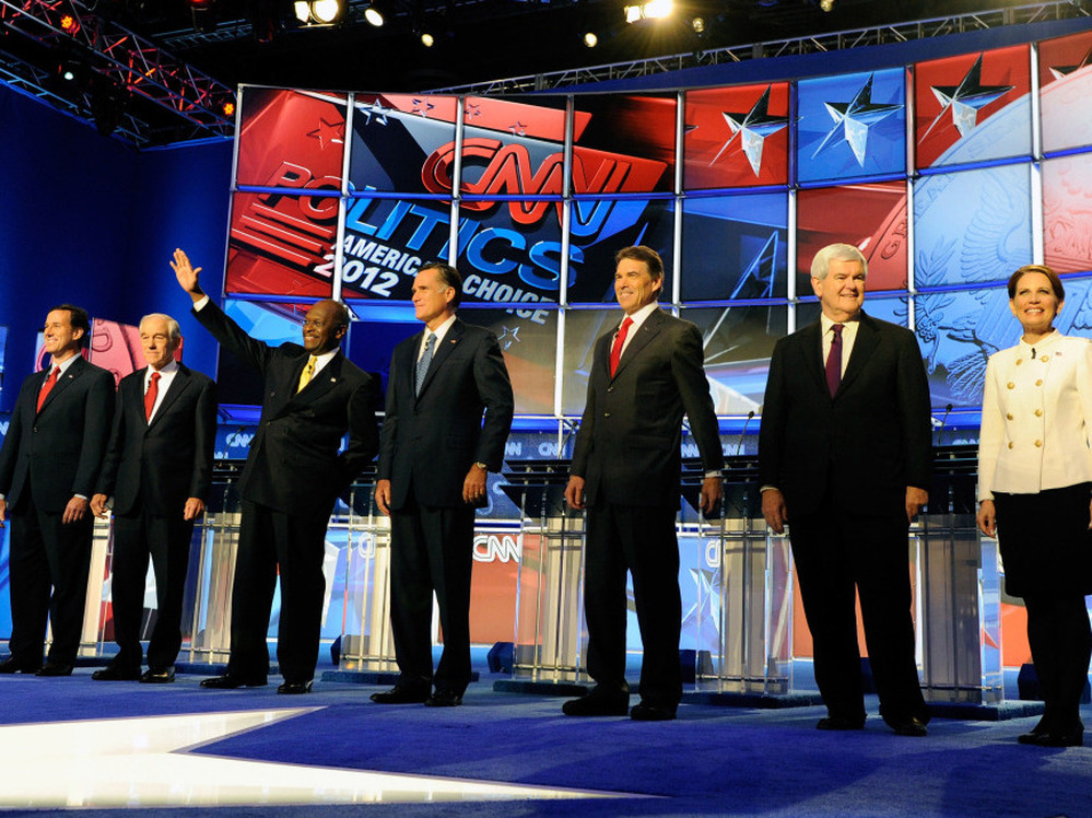 Former U.S. Sen. Rick Santorum, U.S. Rep. Ron Paul, businessman Herman Cain, former Massachusetts Gov. Mitt Romney, Texas Gov. Rick Perry, Former House Speaker Newt Gingrich and U.S. Rep. Michele Bachmann participate in a Republican presidential debate last week in Las Vegas.