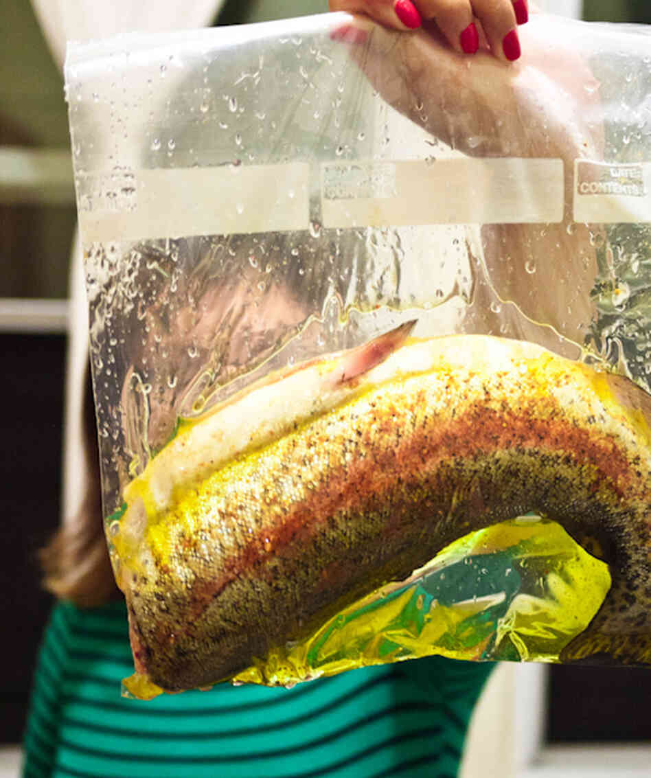In sous vide cooking, fish, meat or vegetables are placed in sealed plastic bags and cooked at relatively low temperatures for a long time. In sous vide cooking, fish, meat or vegetables are placed in sealed plastic bags and cooked at relatively low temperatures for a long time.