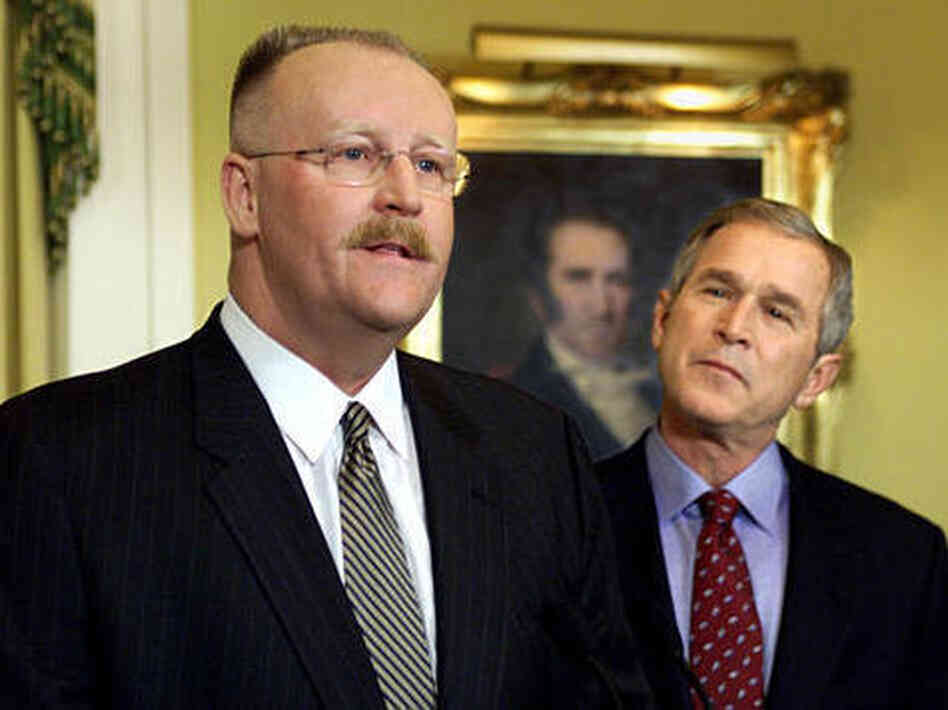 Joe Allbaugh, left, speaks to the press in Austin, Texas, in this Jan. 4, 2001, photo after being named as director of the Federal Emergency Management Agency by then President-elect George W. Bush. Joe Allbaugh, left, speaks to the press in Austin, Texas, in this Jan. 4, 2001, photo after being named as director of the Federal Emergency Management Agency by then President-elect George W. Bush.