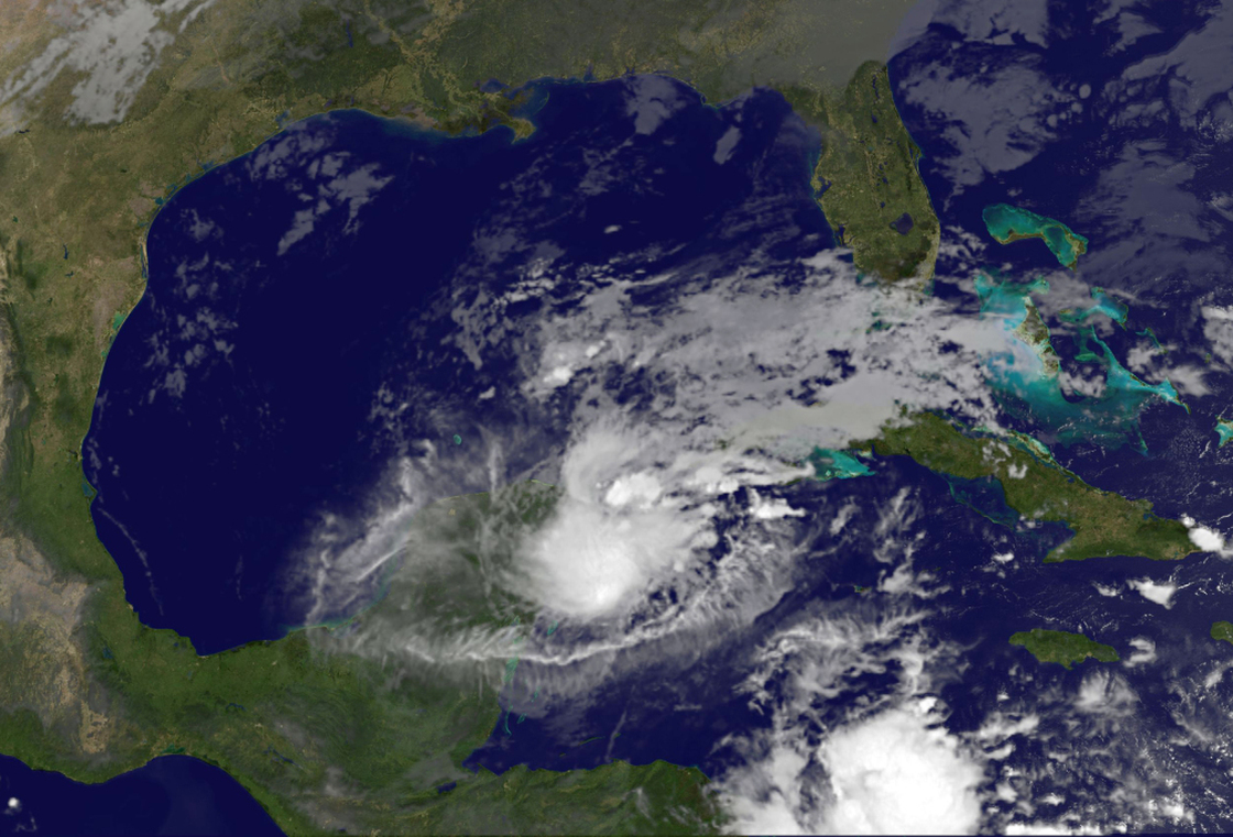This NOAA GOES East satellite image shows Hurricane Rina over the Yucatan Peninsula of Mexico. 