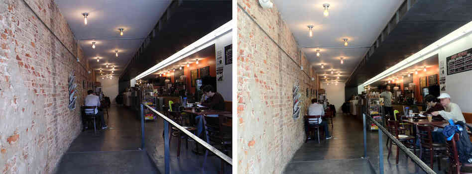 These images are a comparison between an 8 megapixel digital camera (left) and an iPhone 4S (right) The images were taken at the same time and distance at Chinatown Coffee in Washington, D.C.  