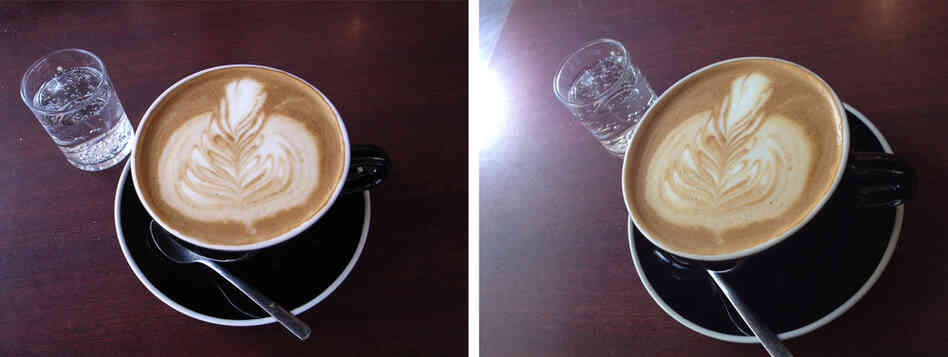 These images are a comparison between an 8 megapixel digital camera (left) and an iPhone 4S (right) The images were taken at the same time and distance at Chinatown Coffee in Washington, D.C. 