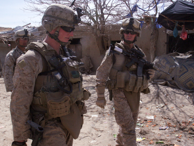 Lt. Col. Jason Morris (right), the commanding officer for 3rd Battalion, 5th Marine Regiment, discusses the Marines' progress during Operation Golden Shillelagh in Malmand, Afghanistan, on March 12, with 1st Lt. Charles Broun.