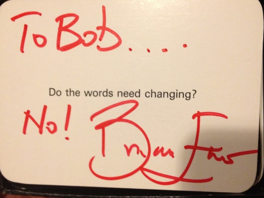 An Oblique Strategy card created by Brian Eno and Peter Schmidt and signed here by Brian Eno.