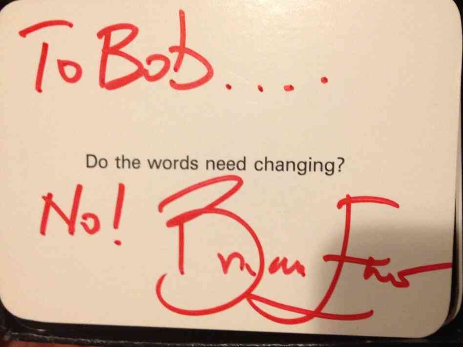 An Oblique Strategy card created by Brian Eno and Peter Schmidt and signed here by Brian Eno.
