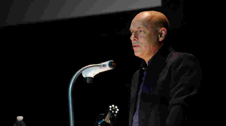 Brian Eno on stage during his "Illustrated Talk" at Moogfest 2011.