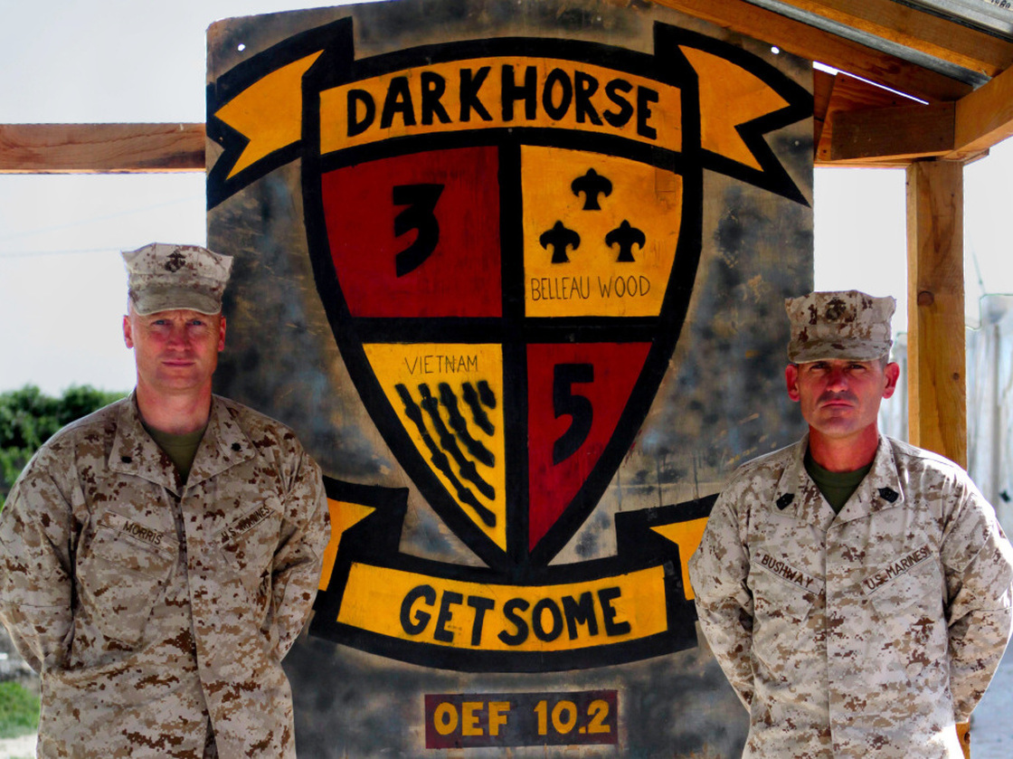 Lt. Col. Jason Morris (right) is seen with his "right-hand man" Sgt. Maj. James Bushway in Sangin in April 2011, close to the time the 3/5 departed from Afghanistan.
