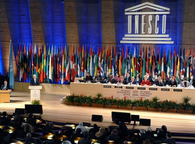 Foreign Minister of the Palestinian Authority, Riyad Al-Malki delivers a speech at the headquarters of UNESCO in Paris. 
