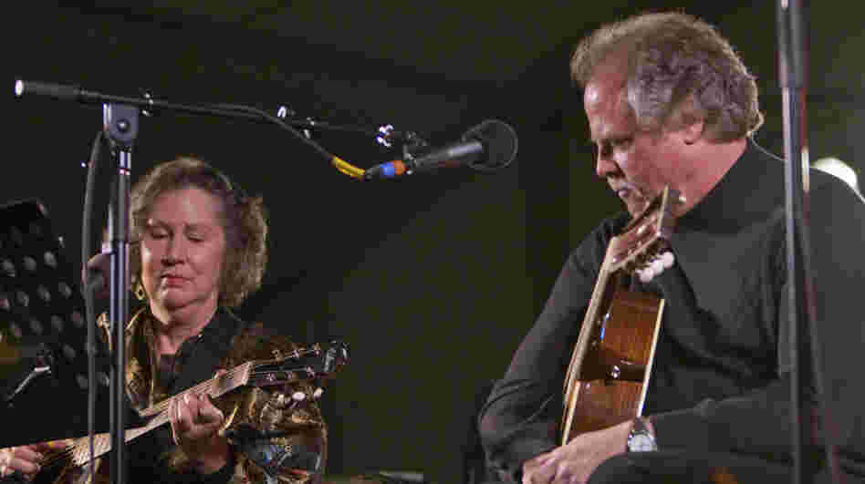 Mary Flower and Pat Donohue perform on Mountain Stage in Grand Marais, Minn., at the North House Folk School.