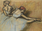 In a charcoal and pastel version of Dancers at the Barre, Degas tries out a variation on the dancers' head and leg positions. In a charcoal and pastel version of Dancers at the Barre, Degas tries out a variation on the dancers' head and leg positions.